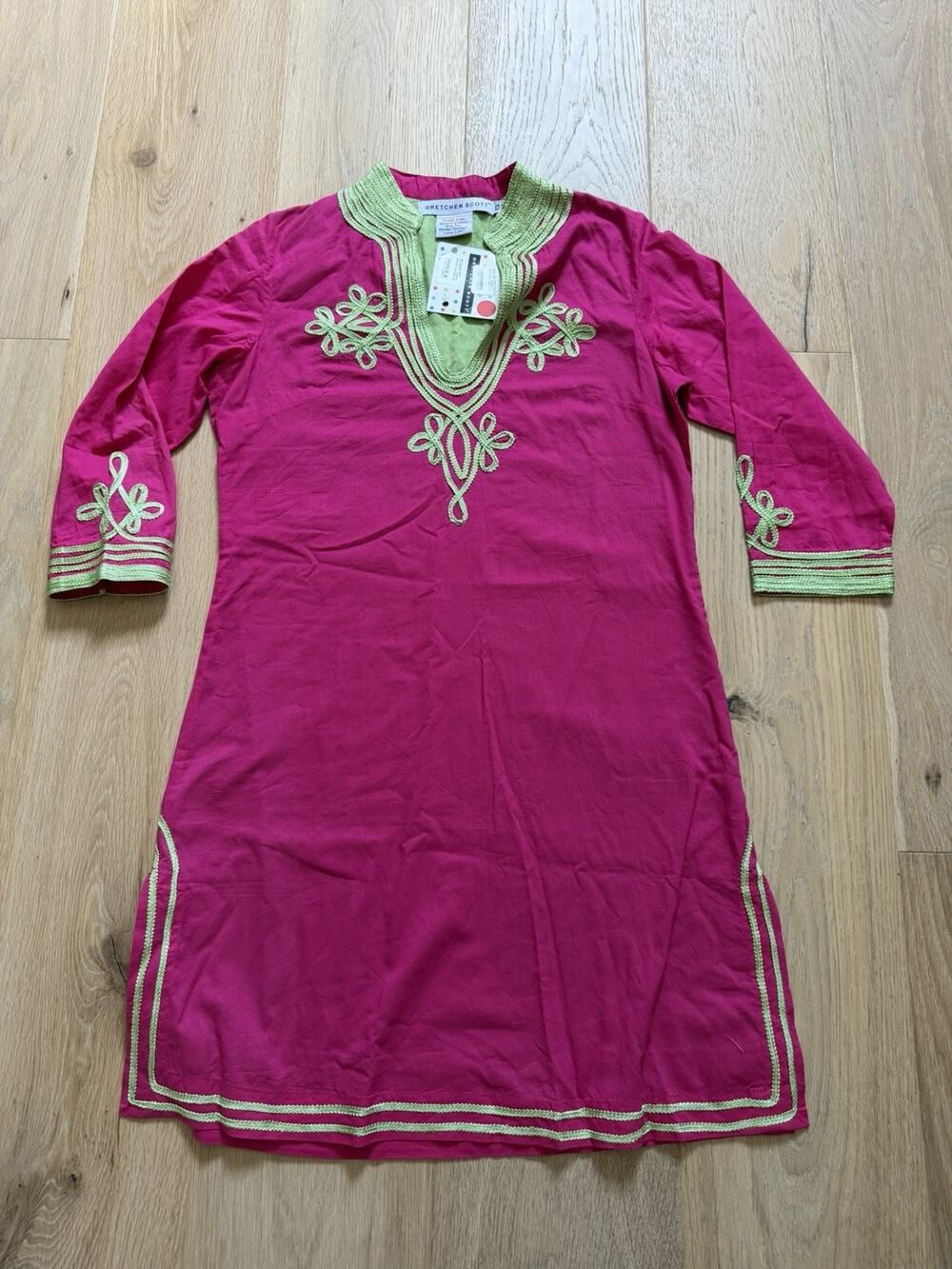NWT! Gretchen Scott Designs Pink Green Embroidered Coastal Tunic Top V-Neck XS